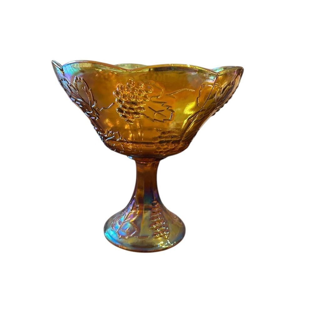 Vintage Indiana Carnival Glass Harvest Marigold Grape Compote Irridescent Bowl